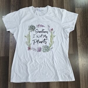 Cottagecore Botanical "Sometimes I Wet My Plants" Graphic White T-Shirt. L